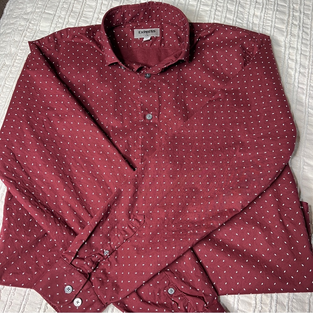 Express Men's Burgundy Patterned Button Down Shirt